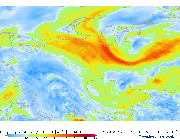 Deep layer shear (0-6km) ECMWF Su 02.06.2024 12 UTC