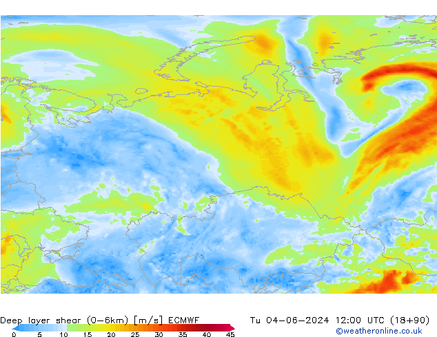 Deep layer shear (0-6km) ECMWF Ter 04.06.2024 12 UTC