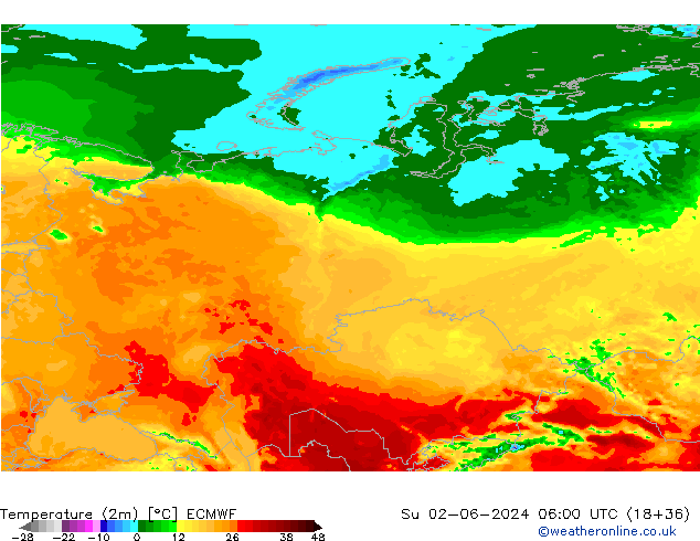 Temperature (2m) ECMWF Ne 02.06.2024 06 UTC