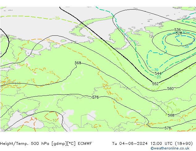 Height/Temp. 500 hPa ECMWF Tu 04.06.2024 12 UTC