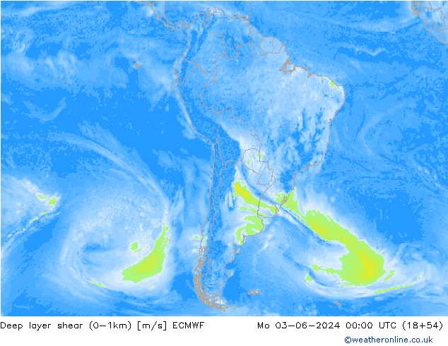 Deep layer shear (0-1km) ECMWF lun 03.06.2024 00 UTC