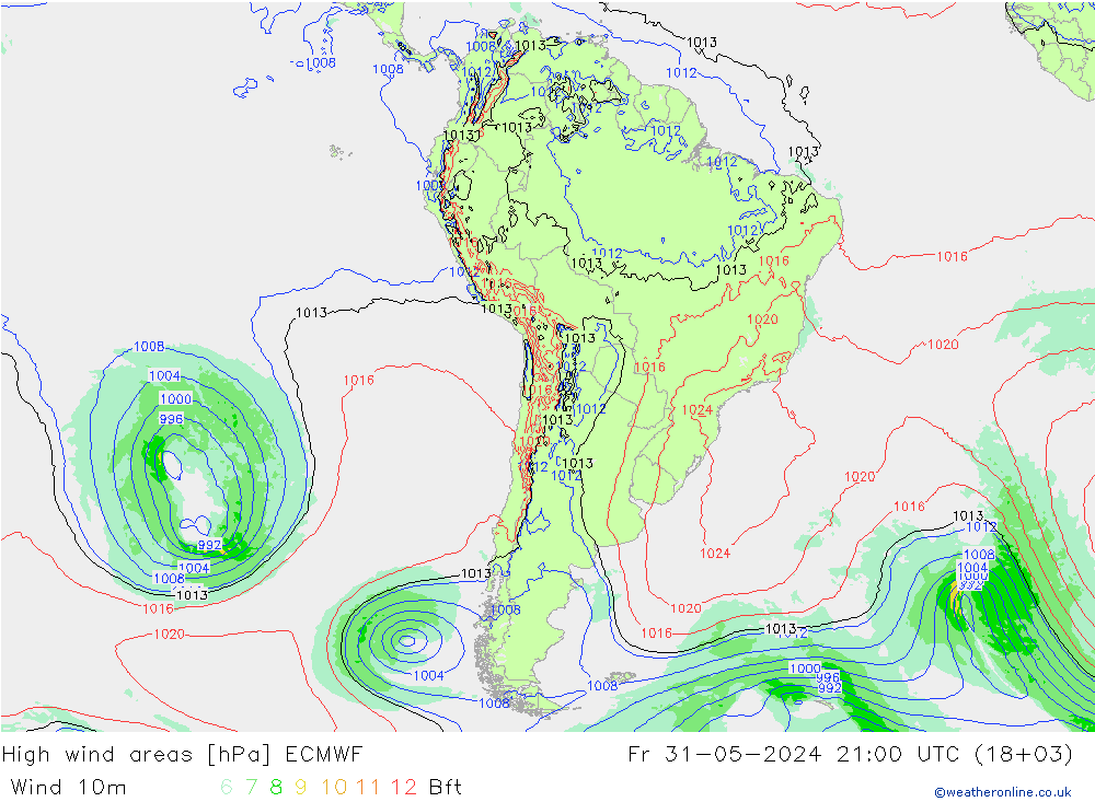 High wind areas ECMWF Pá 31.05.2024 21 UTC