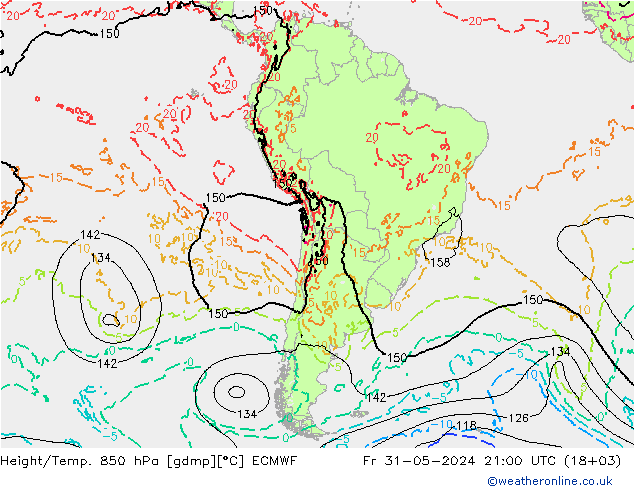 Hoogte/Temp. 850 hPa ECMWF vr 31.05.2024 21 UTC