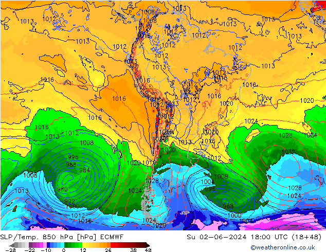 SLP/Temp. 850 hPa ECMWF  02.06.2024 18 UTC