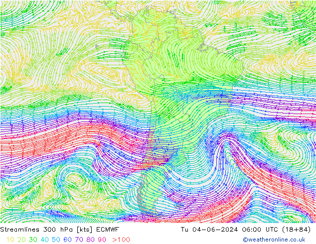 Linia prądu 300 hPa ECMWF wto. 04.06.2024 06 UTC