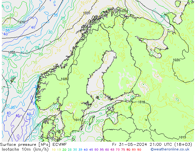 10米等风速线 (kph) ECMWF 星期五 31.05.2024 21 UTC