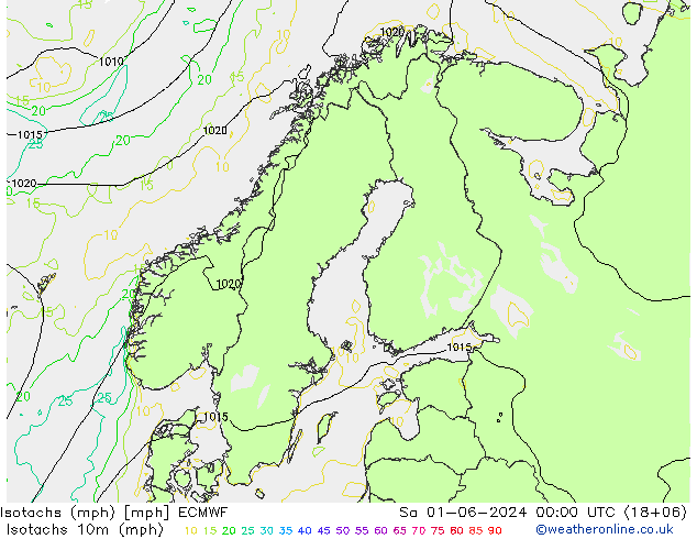 Isotachs (mph) ECMWF 星期六 01.06.2024 00 UTC
