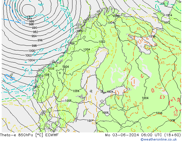 Theta-e 850hPa ECMWF pon. 03.06.2024 06 UTC