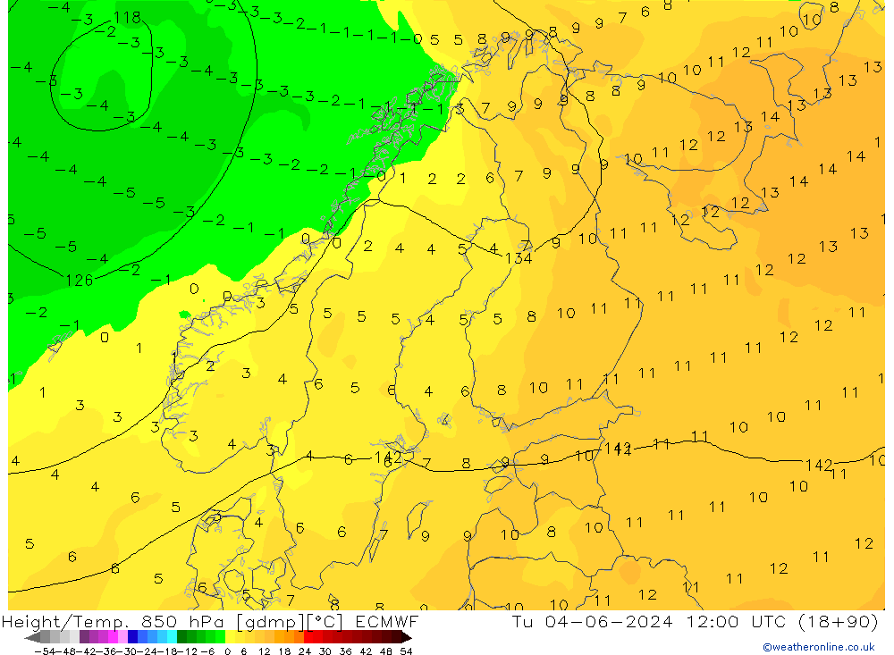 Height/Temp. 850 hPa ECMWF wto. 04.06.2024 12 UTC