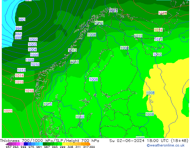 700-1000 hPa Kalınlığı ECMWF Paz 02.06.2024 18 UTC