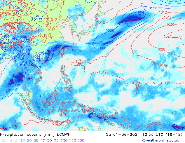 Precipitation accum. ECMWF Sa 01.06.2024 12 UTC