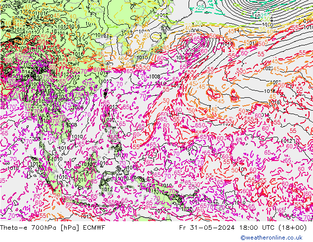 Theta-e 700hPa ECMWF ven 31.05.2024 18 UTC