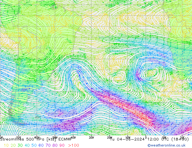 Streamlines 500 hPa ECMWF Tu 04.06.2024 12 UTC