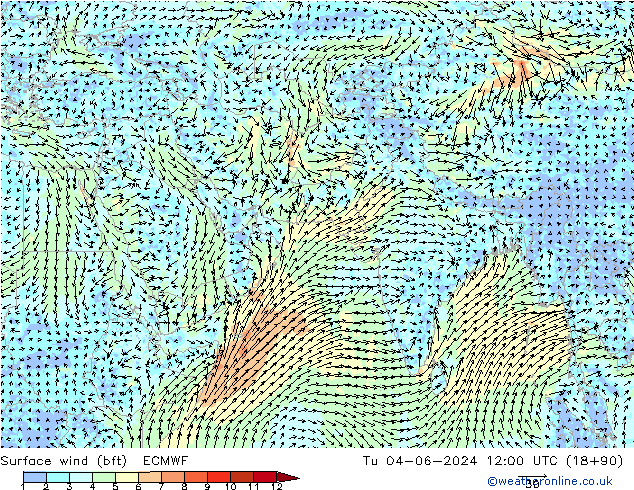 Surface wind (bft) ECMWF Tu 04.06.2024 12 UTC