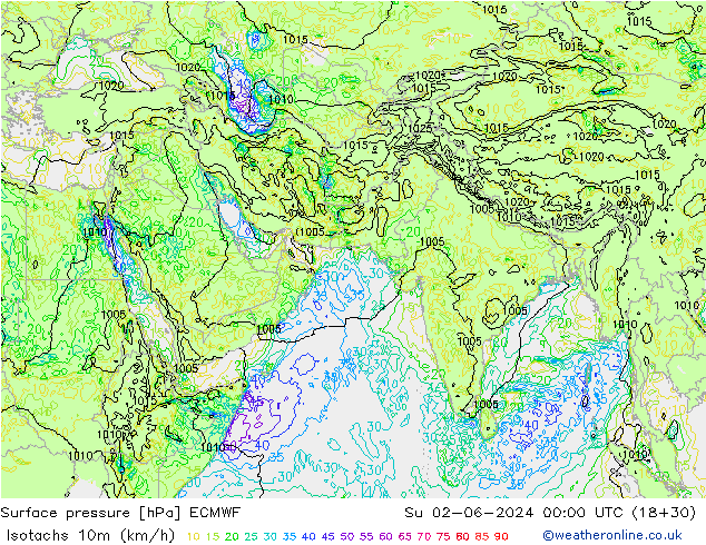 Isotachs (kph) ECMWF Вс 02.06.2024 00 UTC