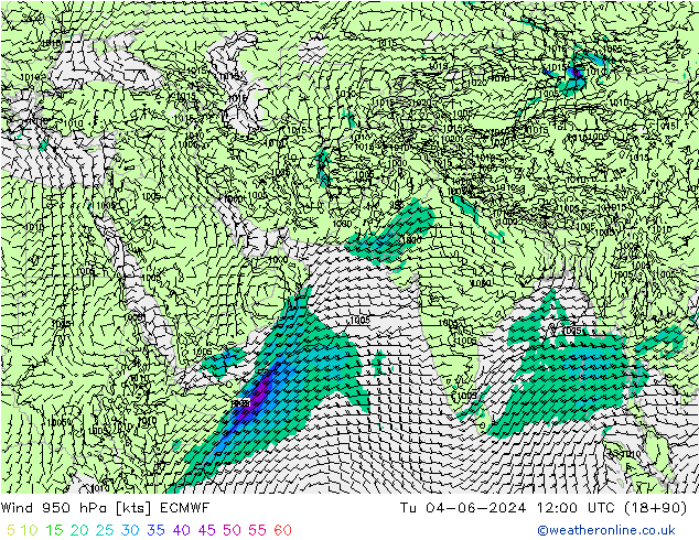 wiatr 950 hPa ECMWF wto. 04.06.2024 12 UTC