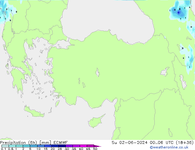 Totale neerslag (6h) ECMWF zo 02.06.2024 06 UTC