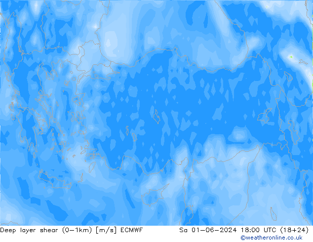 Deep layer shear (0-1km) ECMWF za 01.06.2024 18 UTC