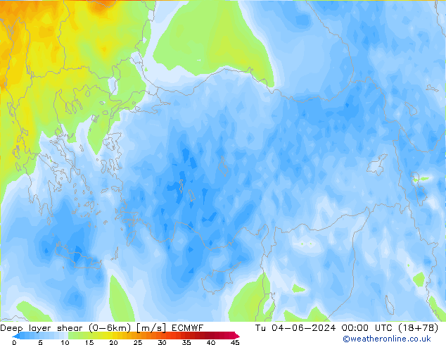 Deep layer shear (0-6km) ECMWF Tu 04.06.2024 00 UTC