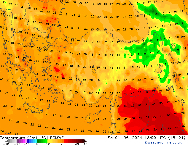 Temperature (2m) ECMWF Sa 01.06.2024 18 UTC