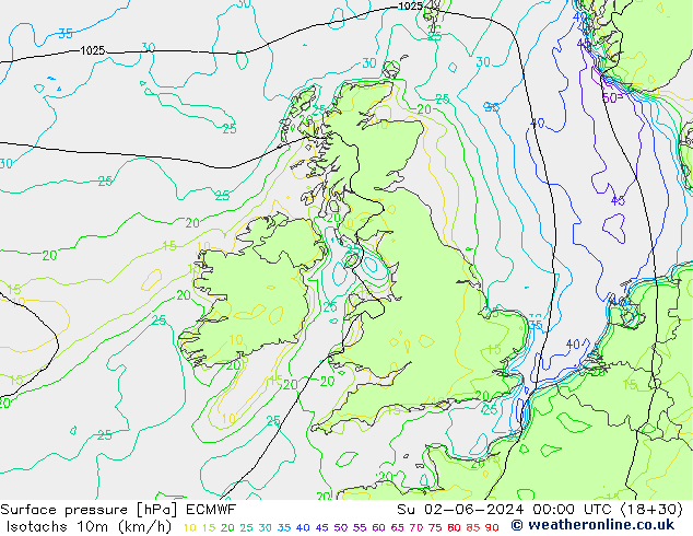 Izotacha (km/godz) ECMWF nie. 02.06.2024 00 UTC