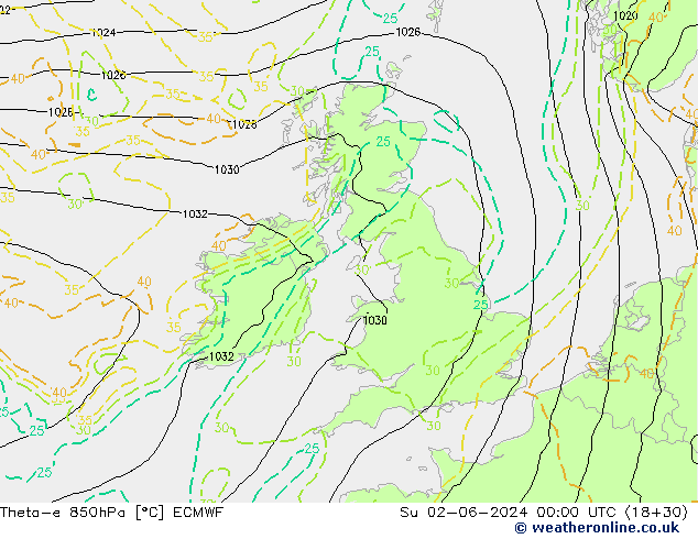 Theta-e 850hPa ECMWF nie. 02.06.2024 00 UTC