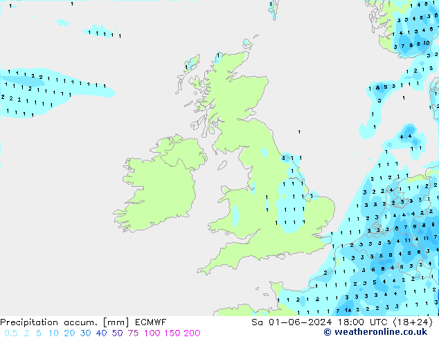 Precipitation accum. ECMWF So 01.06.2024 18 UTC