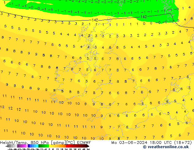 Z500/Rain (+SLP)/Z850 ECMWF pon. 03.06.2024 18 UTC