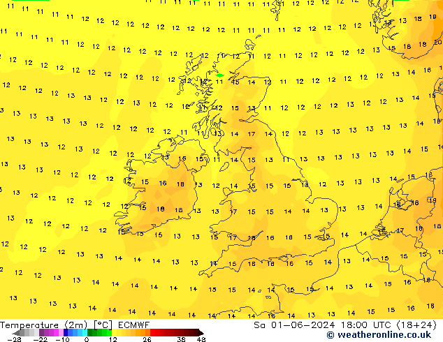 Temperatuurkaart (2m) ECMWF za 01.06.2024 18 UTC