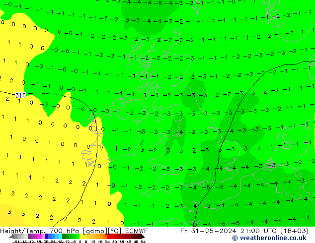 Height/Temp. 700 гПа ECMWF пт 31.05.2024 21 UTC