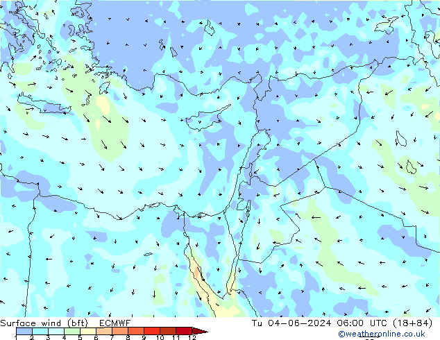 Surface wind (bft) ECMWF Tu 04.06.2024 06 UTC