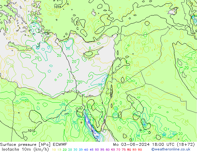 Isotachen (km/h) ECMWF ma 03.06.2024 18 UTC