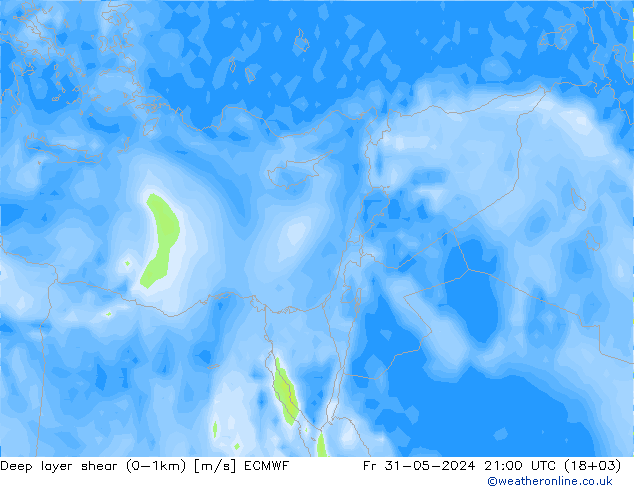 Deep layer shear (0-1km) ECMWF Pá 31.05.2024 21 UTC