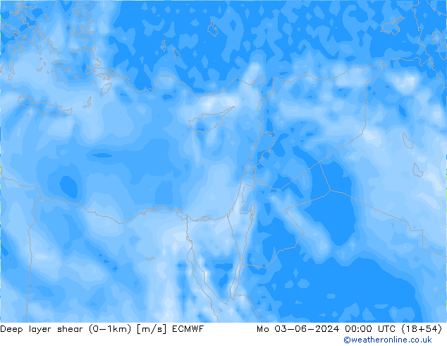 Deep layer shear (0-1km) ECMWF lun 03.06.2024 00 UTC