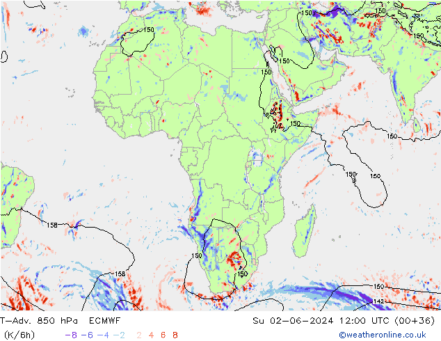 T-Adv. 850 гПа ECMWF Вс 02.06.2024 12 UTC