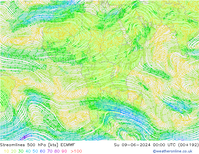 Streamlines 500 hPa ECMWF Su 09.06.2024 00 UTC