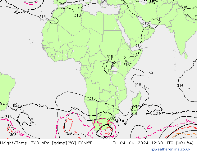 Géop./Temp. 700 hPa ECMWF mar 04.06.2024 12 UTC