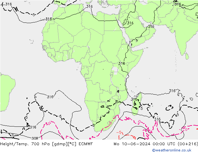 Height/Temp. 700 гПа ECMWF пн 10.06.2024 00 UTC