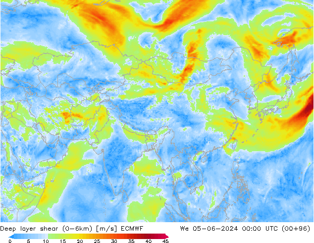 Deep layer shear (0-6km) ECMWF wo 05.06.2024 00 UTC