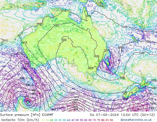 Isotachs (kph) ECMWF So 01.06.2024 12 UTC