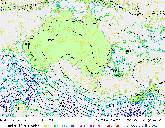 Izotacha (mph) ECMWF so. 01.06.2024 06 UTC