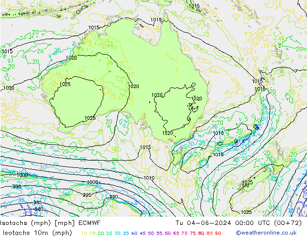Isotachs (mph) ECMWF вт 04.06.2024 00 UTC