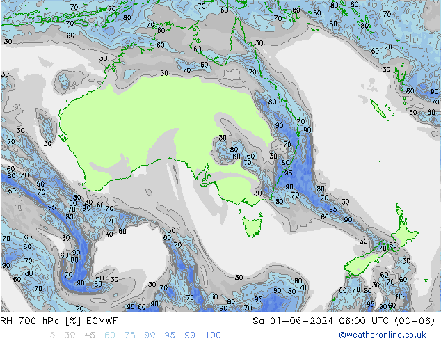 Humedad rel. 700hPa ECMWF sáb 01.06.2024 06 UTC