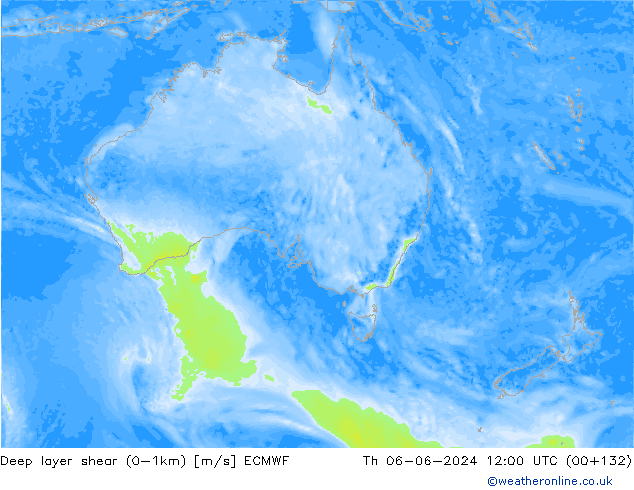 Deep layer shear (0-1km) ECMWF jue 06.06.2024 12 UTC