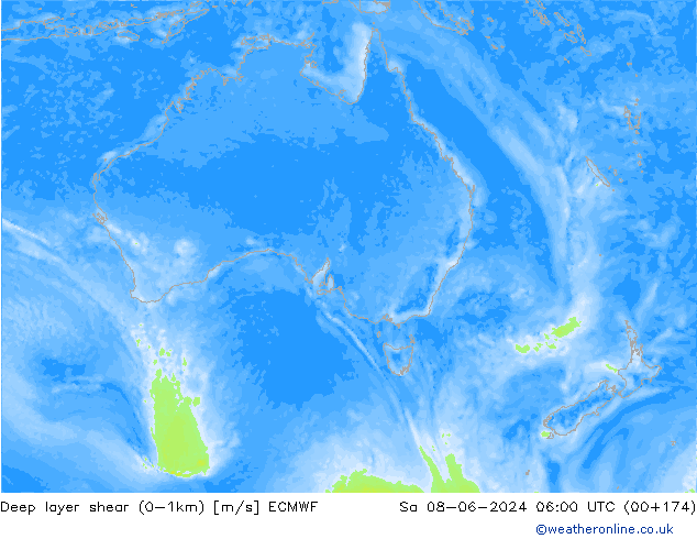 Deep layer shear (0-1km) ECMWF sam 08.06.2024 06 UTC