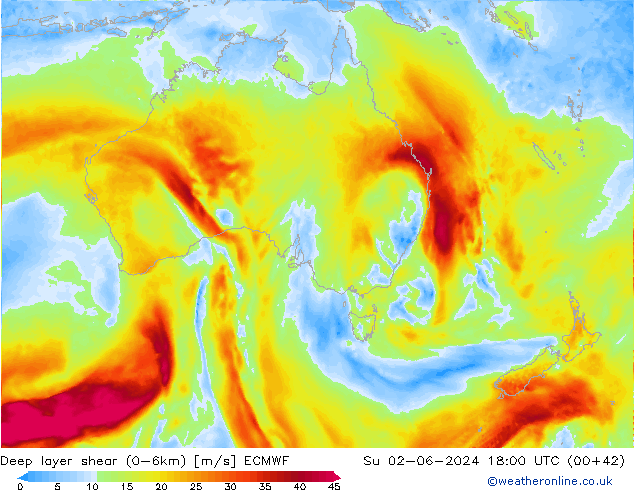 Deep layer shear (0-6km) ECMWF dom 02.06.2024 18 UTC