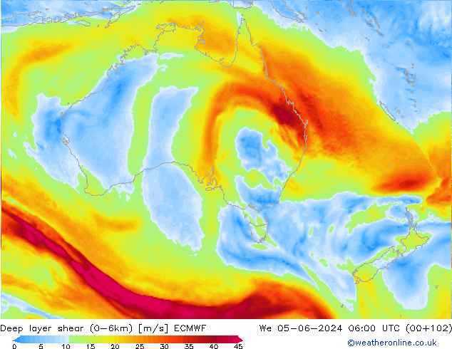 Deep layer shear (0-6km) ECMWF Qua 05.06.2024 06 UTC