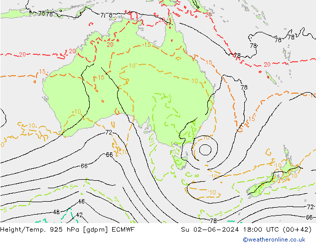 Height/Temp. 925 hPa ECMWF dom 02.06.2024 18 UTC