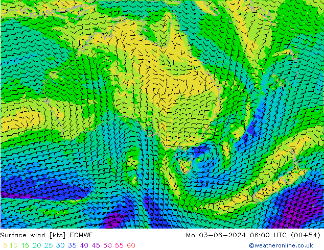 wiatr 10 m ECMWF pon. 03.06.2024 06 UTC