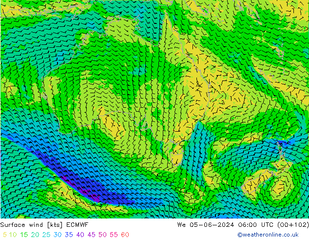 Vento 10 m ECMWF Qua 05.06.2024 06 UTC